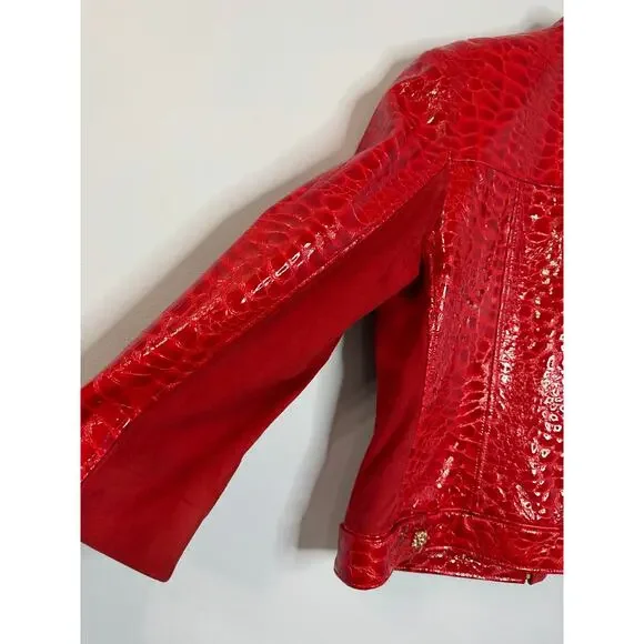 VTG St. John By Marie Gray Red Leather Women's Jacket Crocodile Embossed Sz 14